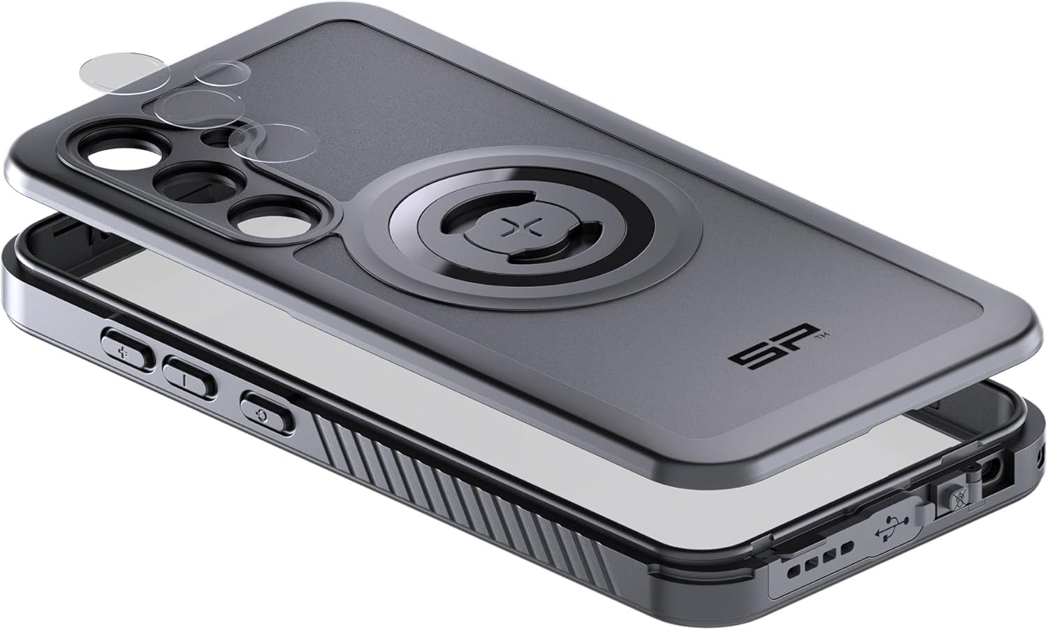 ระเบิด view of the SP CONNECT Phone Case Xtreme showing how to insert the Samsung S24+ phone into the case.