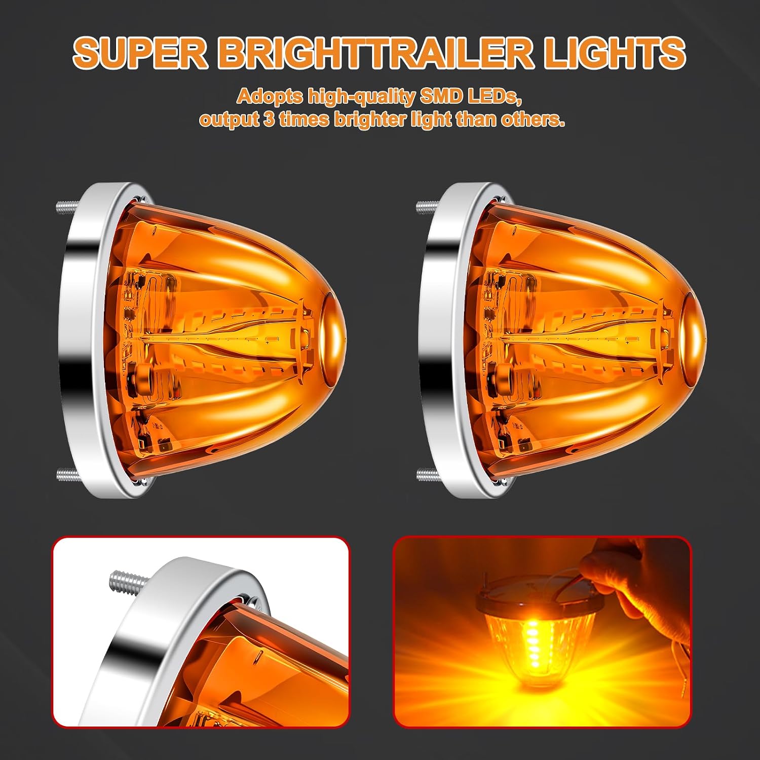 2Pcs Amber 30LED Watermelon Lights with Stainless Steel Bezel, Amber Lens, Sterobe, Side Marker Turn Signal Lights for Kenworth, Peterbilt, Freightliner Trucks
