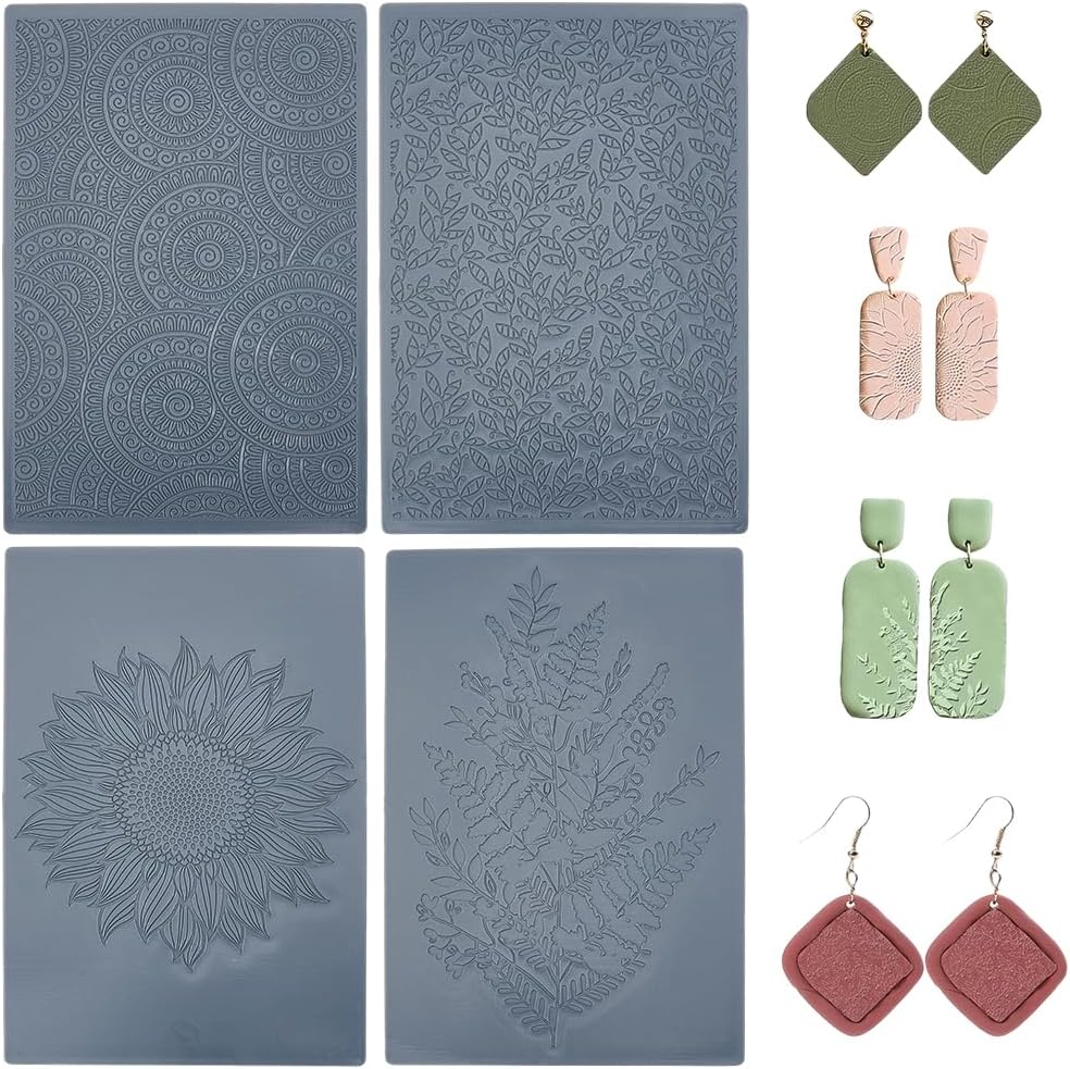 GORGECRAFT 4Pcs 4 Styles Polymer Clay Texture Sheets 5.8 x 3.9 Inch Plastic Boho Retro Flower Floral Modeling Pattern Roller Pad Mat Set for Jewerly Making Earrings DIY Craft Tools