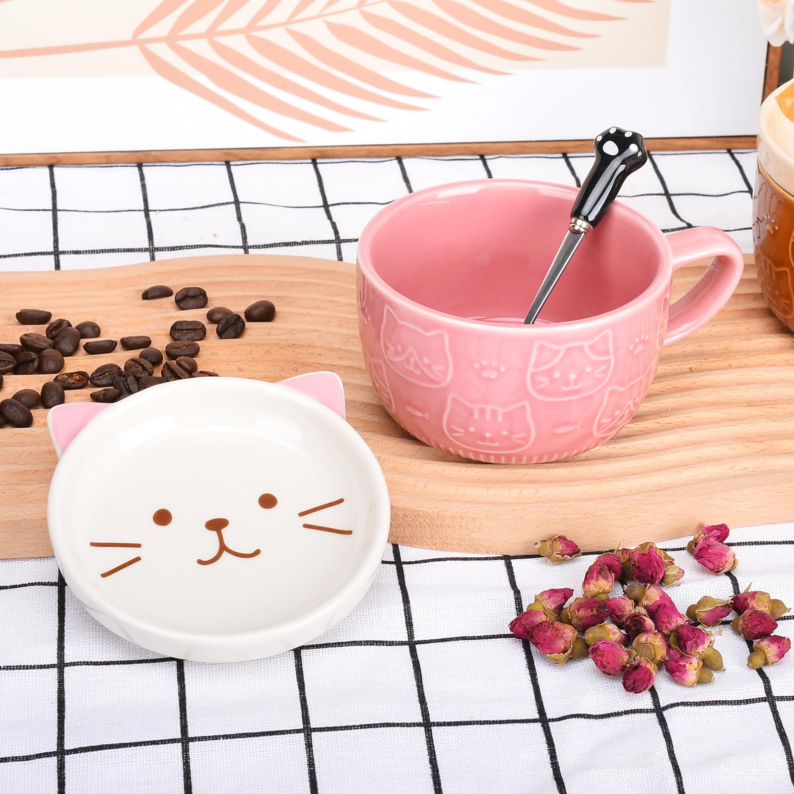 XinHuiGY Cute Cat Coffee Mug with Lid,Animal Tea Cup Saucer Set,Kawaii Ceramic Mugs with Biscuit Holder and Spoon,Gifts for Women Her Mothers Day Easter Christmas Girl Boy Teacher Friend (Pink Cat) - Image 2