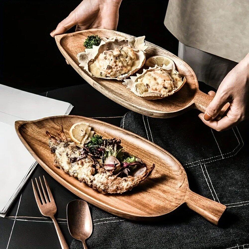 Lot de 2 plateaux de service en bois en forme de feuille – Idéal pour les aliments, les biscuits, le pain, les fruits, les sushis, les desserts – Idéal pour le dîner et le petit déjeuner