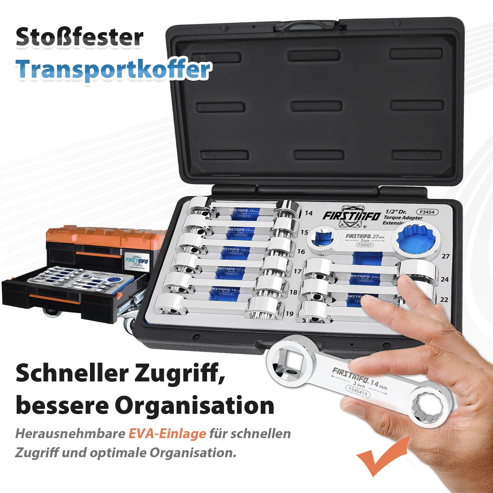 FIRSTINFO F3454 Drehmoment-Adapter-Set 1/2 Zoll Antrieb 12-Kant Stecknüsse 14–27 mm metrisch 10-teilig CR-V Stahl mit Aufbewahrungskoffer