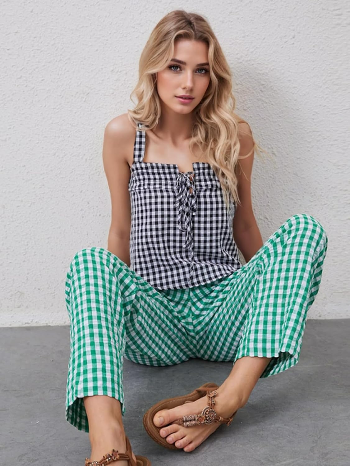 Women's Plaid Pant Gingham Lounge Pants Wide Leg Mid Rise Elastic Waist Checkered Long Trousers with Pockets - Image 3
