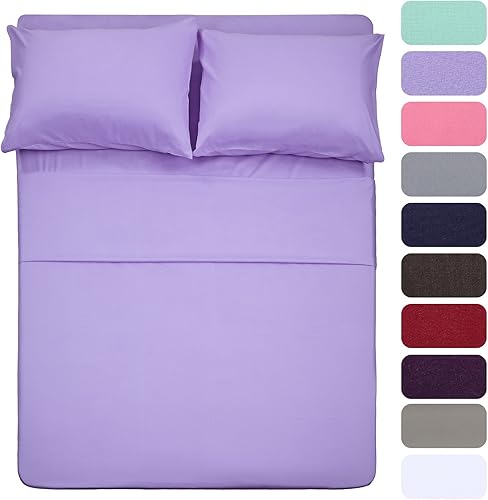 Juego de sábanas de 4 piezas (tamaño Queen, lavanda), 1 sábana encimera, 1 sábana bajera y 2 fundas de almohada, ropa de cama de lujo de microfibra