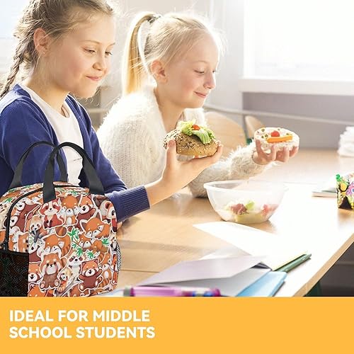 Miniatura 8 de Bolsas de almuerzo Red Panda  Lonchera Bento reutilizable aislada con correa para el hombro y bolsillos, lonchera pequeña marrón linda para niños,