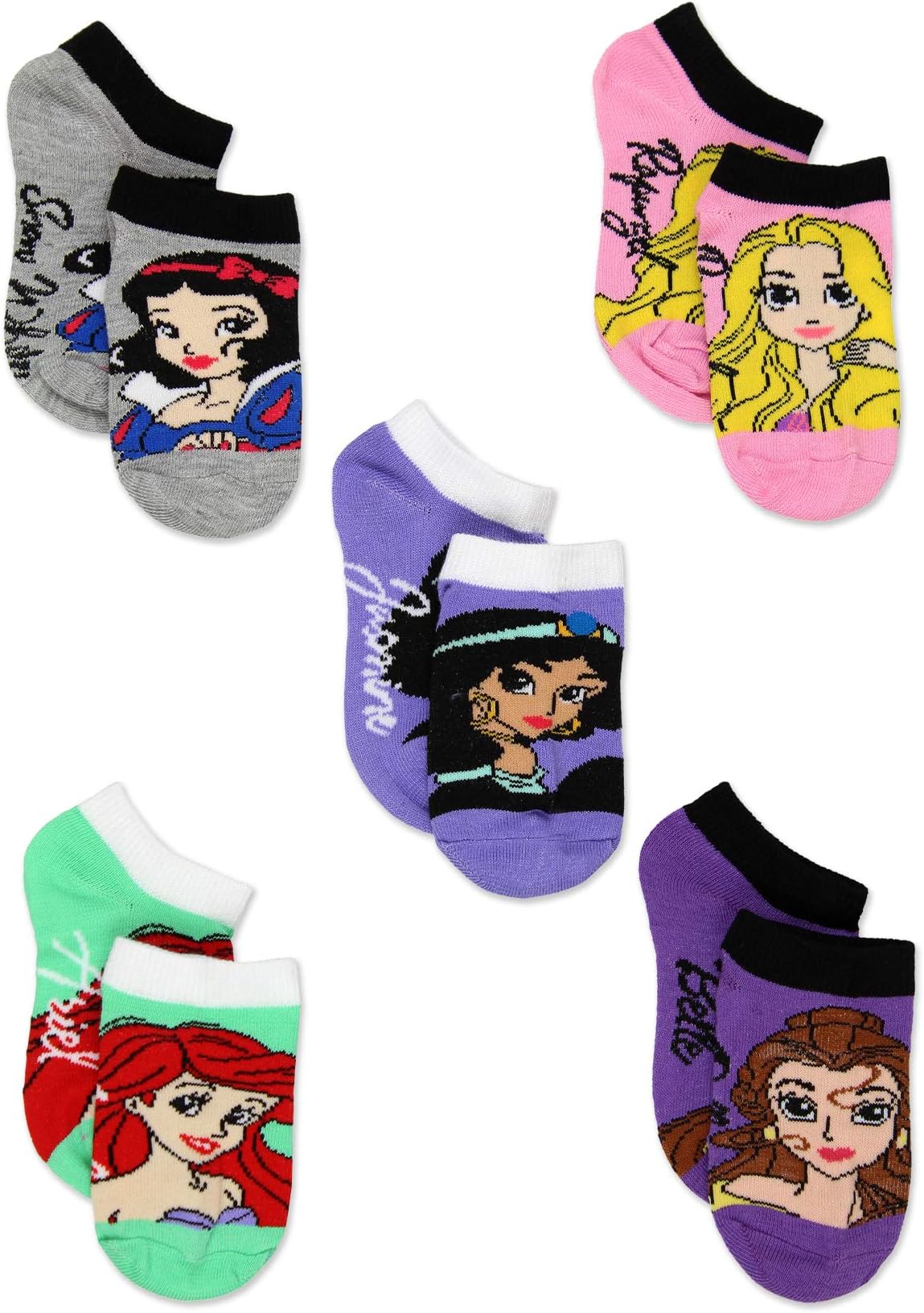 DisneyPrincess Toddler Girls 5 pack No Show Sock Set (Shoe: 7-10 (Sock: 4-6), Princess Names 5 pk)