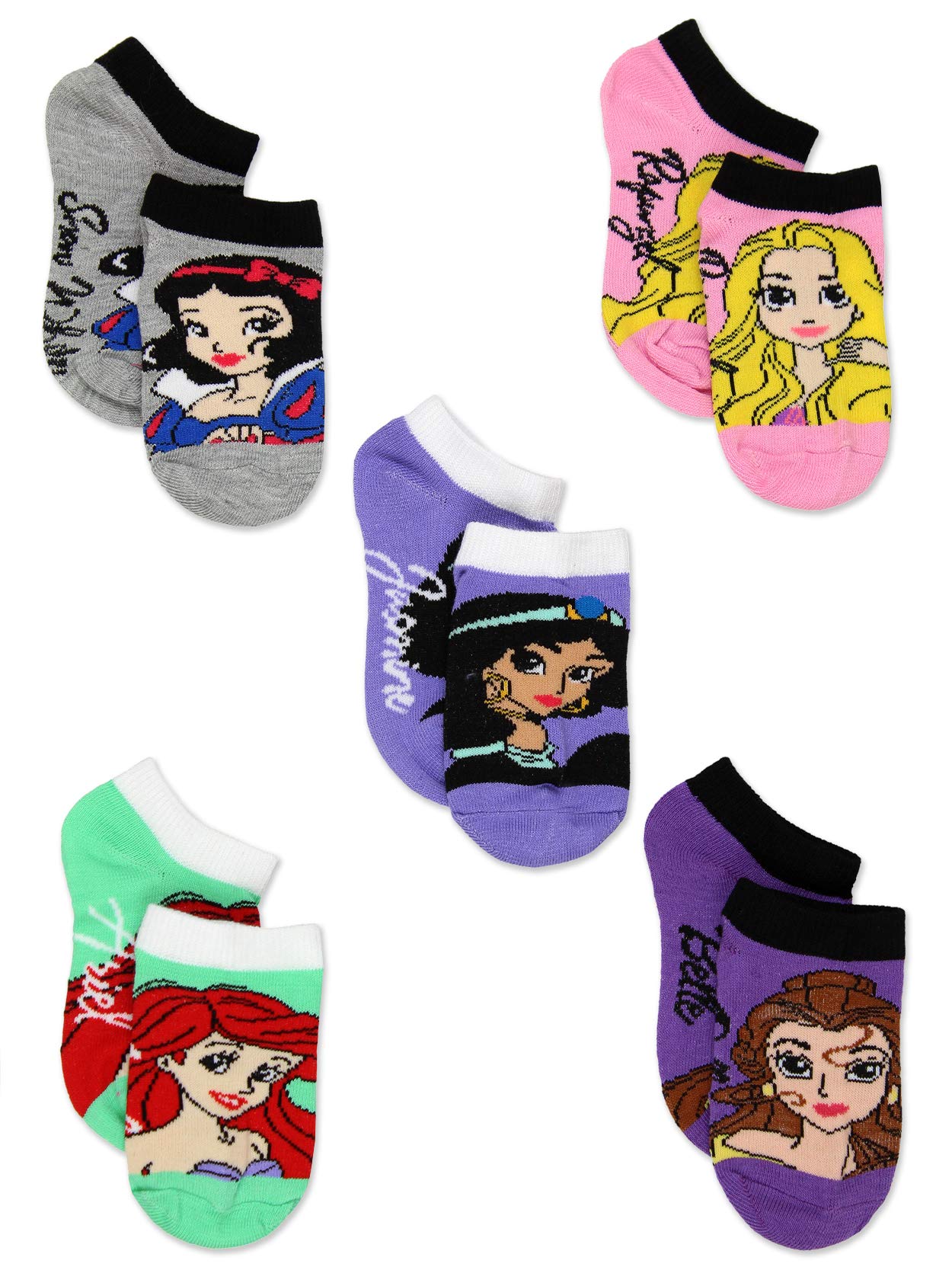 DisneyPrincess Toddler Girls 5 pack No Show Sock Set (Shoe: 7-10 (Sock: 4-6), Princess Names 5 pk)