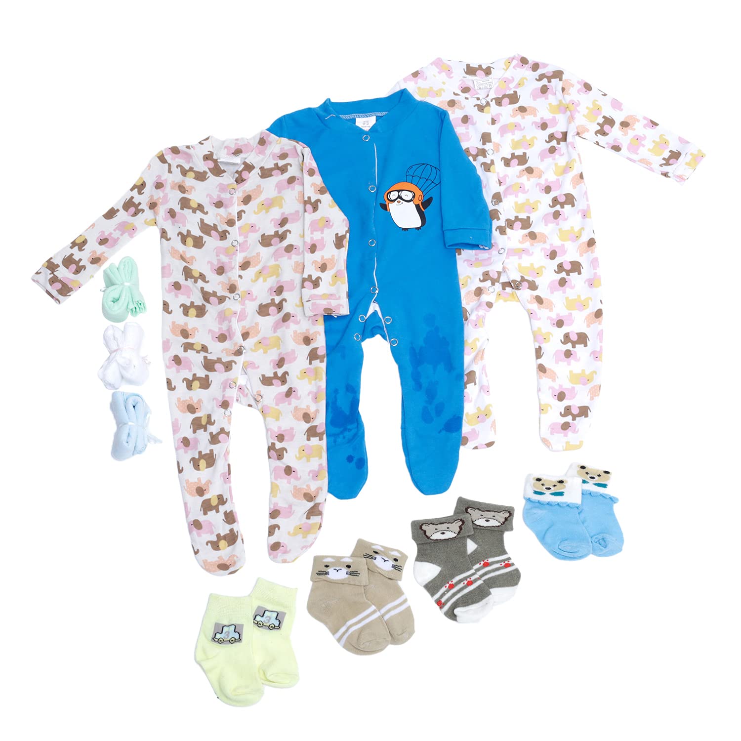 It's A Baby Company Body Suit Combo with Napkins & Socks [Includes 3 Rompers ( 1Pc 0-3 Months, 1Pc 3-6 Months, 1Pc 6-9 Months ), 4 Pair of Socks, 3Pc Napkin]