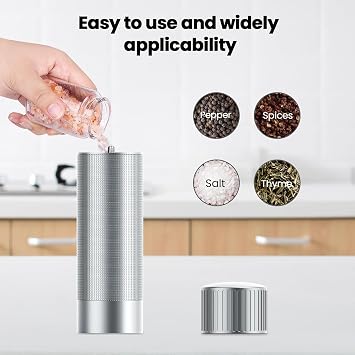 WhiteRhino Professional Salt Grinder Mill or Pepper Grinder,Heavy Duty High Output Aluminum Pepper Salt Refillable,Pepper Spice Grinder with Ceramic Burrs and 12 Adjustable Coarseness Settings