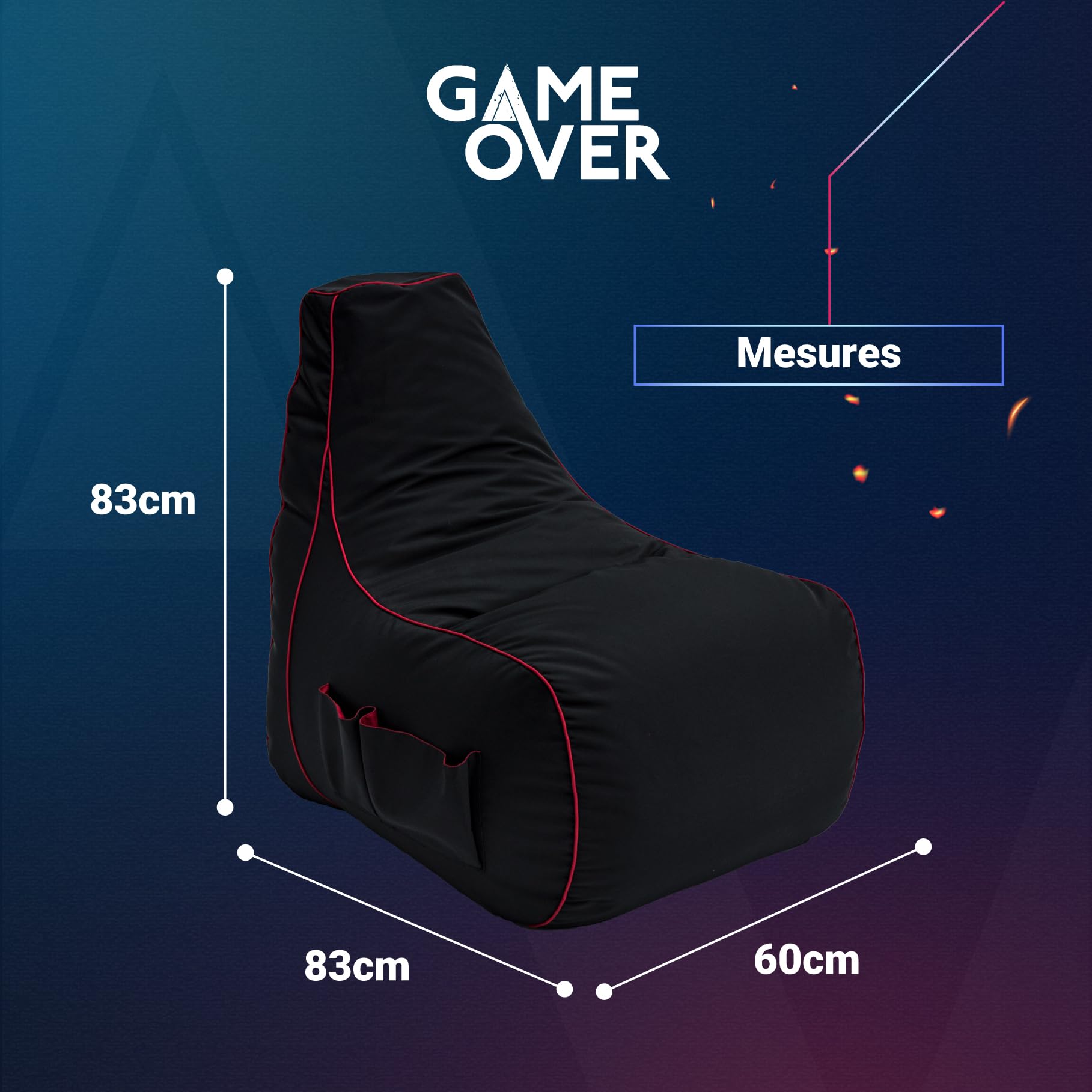 Game Over Chaise Pouf de Jeux Vidéos | Salle de Séjour Intérieure Fauteuil Gamer | Poches Latérales pour Les Manettes | Support de Casque | Conception Ergonomique (Cramoisi Électrique)