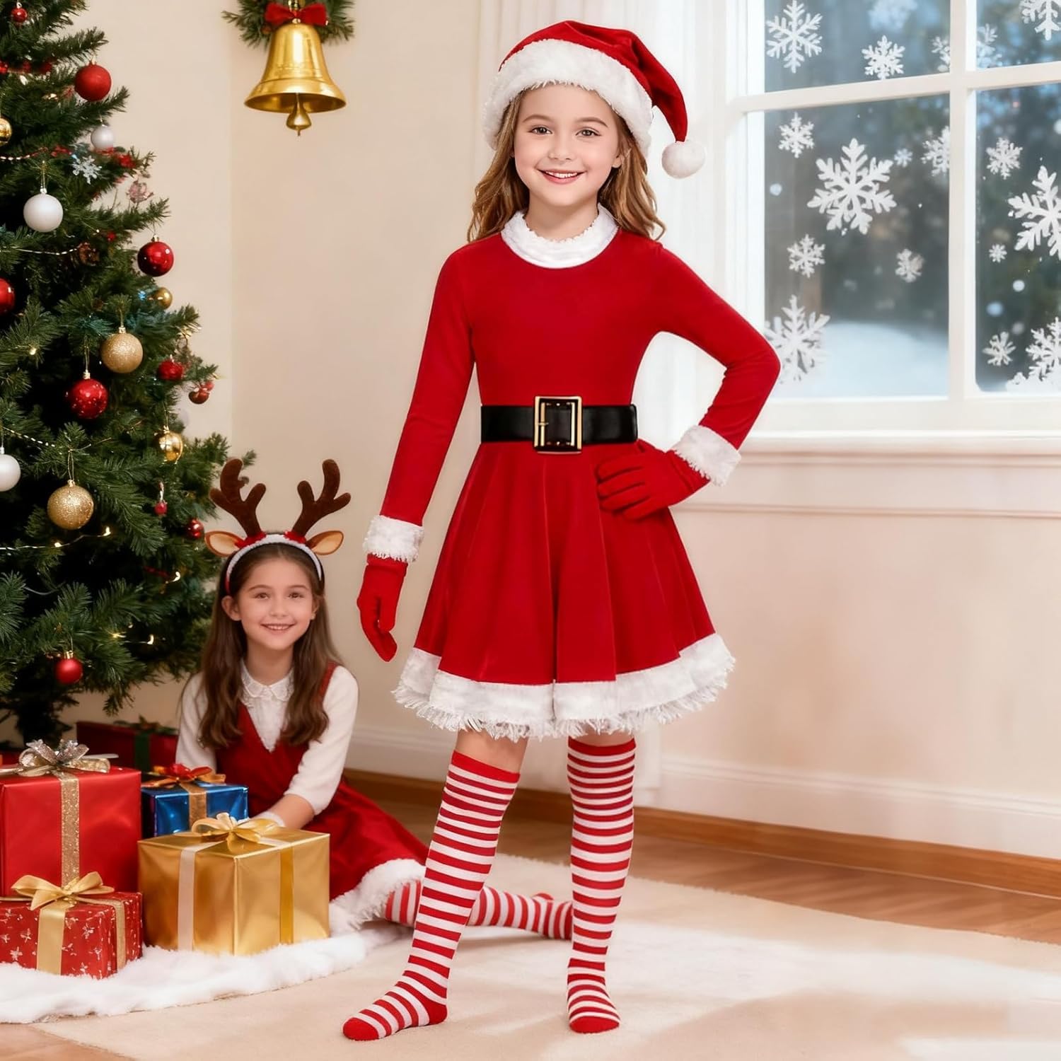 Kids Girls Santa Dress - Mrs Claus Costume Christmas Outfit with Belt Socks Hat Gloves - Image 4