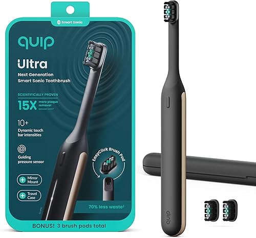 Quip Ultra Next Generation Smart Toothbrush - Timed Electric Toothbrush with Case - Replaceable Brush Head, Soft Bristles, Silicone Handle, 30-Day