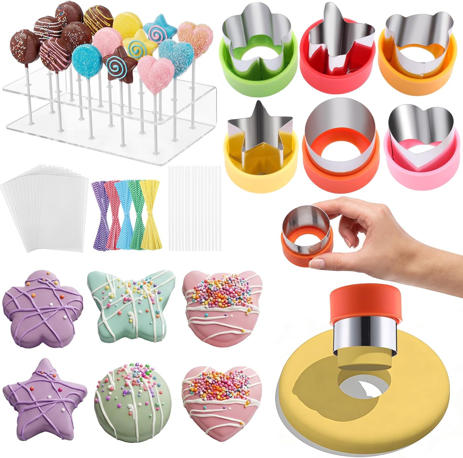 100 Sets Cake Pop Maker Kit with 6 Mold Sets with 1 Pop Stand, 100 Lollipop Sticks, 100 Bag and 100 Colorful Twist Ties for Cake Pops, Lollipops, Hard Candy, and Chocolate