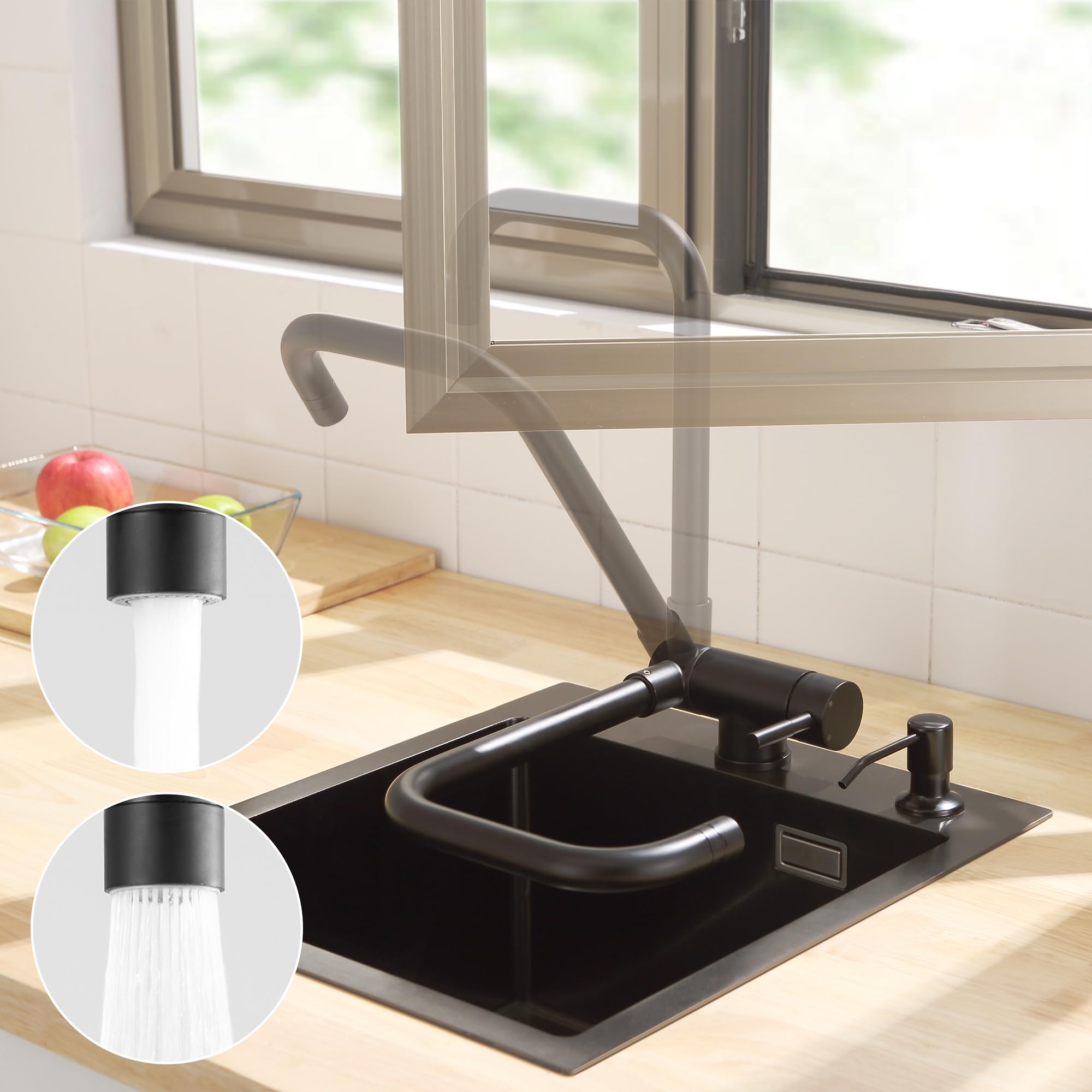 CECIPA Grifo Cocina Abatible Negro de 180°, Grifo Cocina Plegable con 2 Tipos de Chorros, Grifo Fregadero Abatible Giratorio de 360°, Grifo Fregadero Plegable Negro