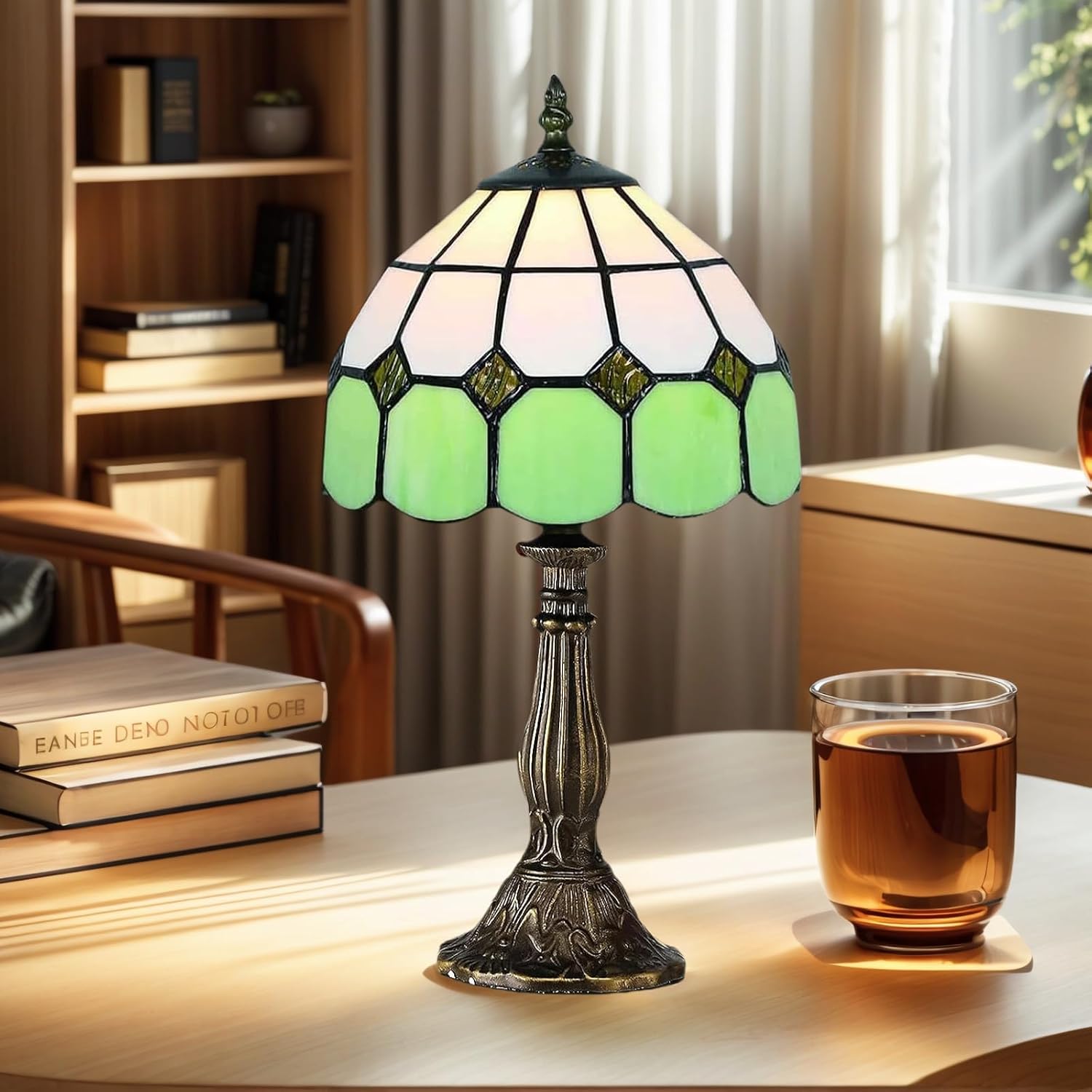 8" Tiffany Style Handmade Stained Glass Table Lamp, Vintage Green Shade with Warm Light, for Bedroom, Study, and Office