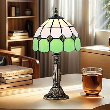 8" Tiffany Style Handmade Stained Glass Table Lamp, Vintage Green Shade with Warm Light, for Bedroom, Study, and Office
