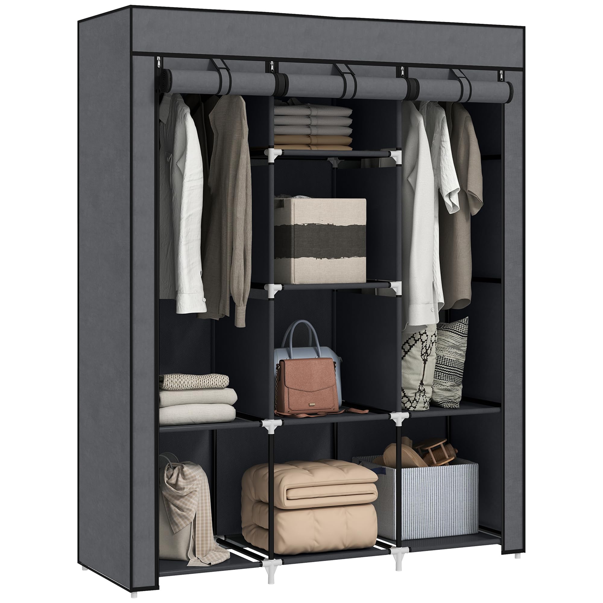 HOMCOM Fabric Wardrobe, Portable Wardrobe, Clothes Storage Unit with 8 Shelves, 2 Hanging Rods, 125 x 43 x 162.5 cm, Dark Grey