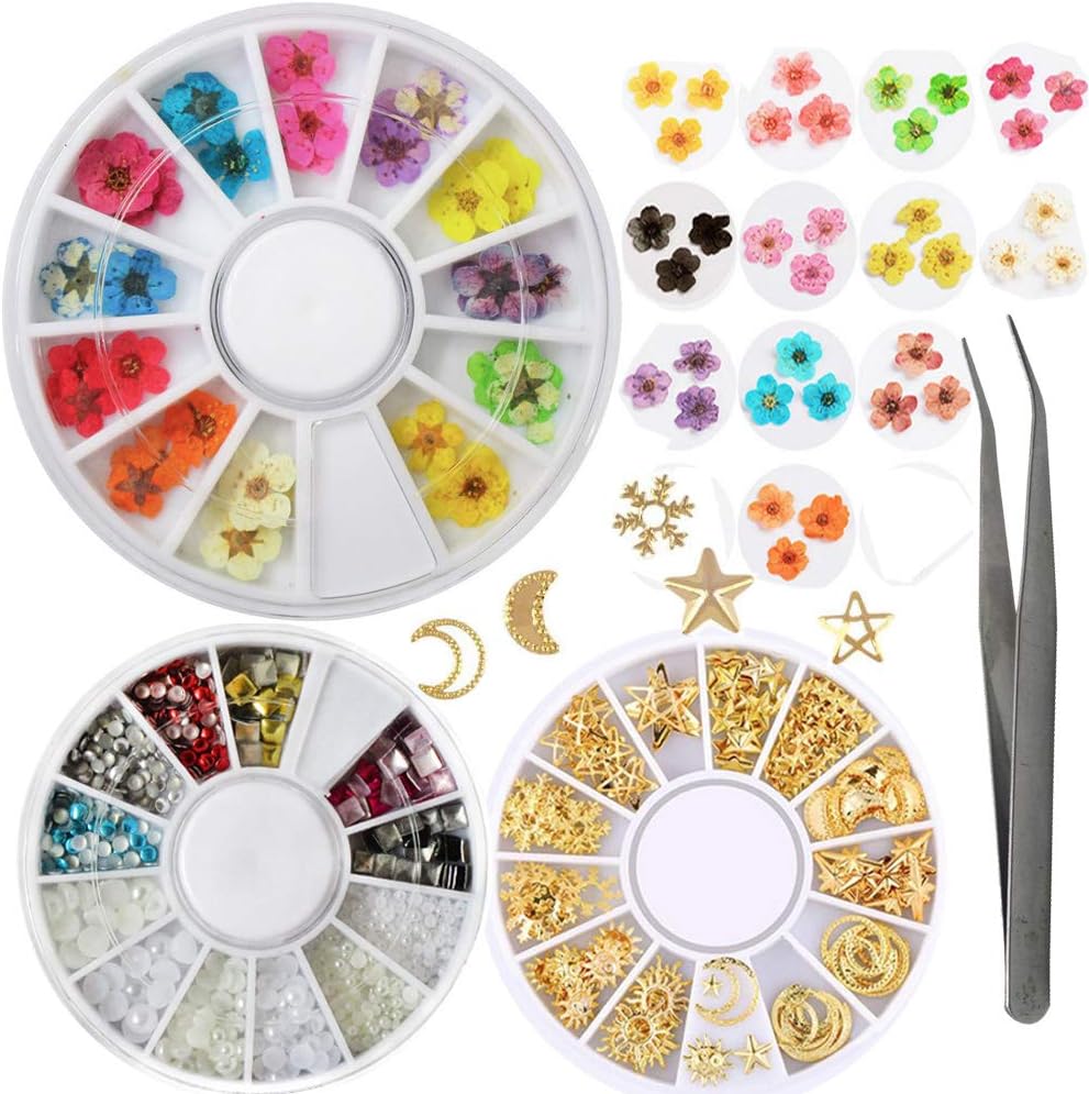 36pcs Dried Real Flowers Metal Studs Nail Art Decoration Kits Acrylic Pearl Bead Nail Rhinestones Metallic Moon Star Charm Nail Charms Jewelry Accessories Steel Nail Tweezers Tools (LUCK010-B)