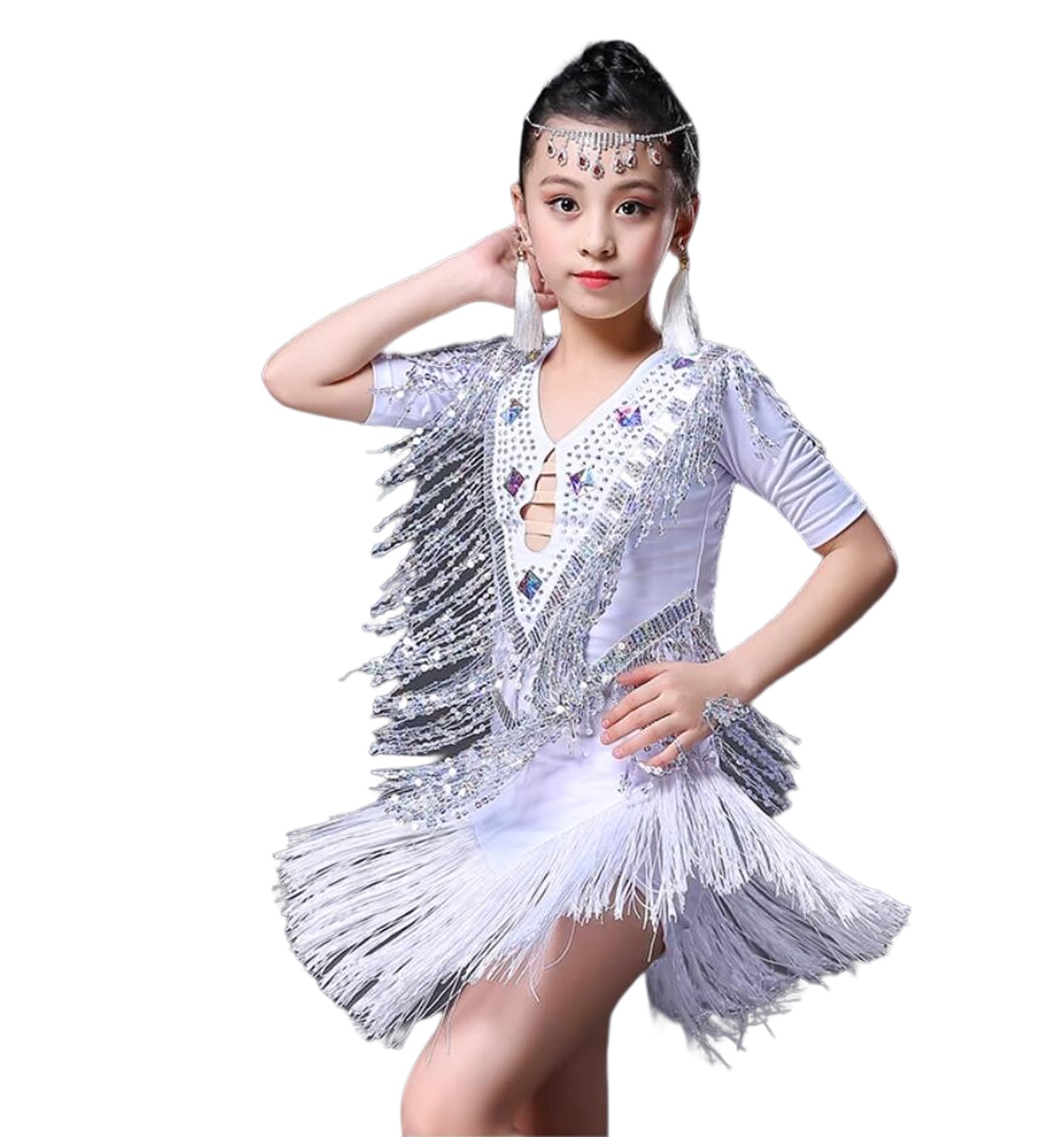 Robe de danse latine pour fille à paillettes et franges de tango