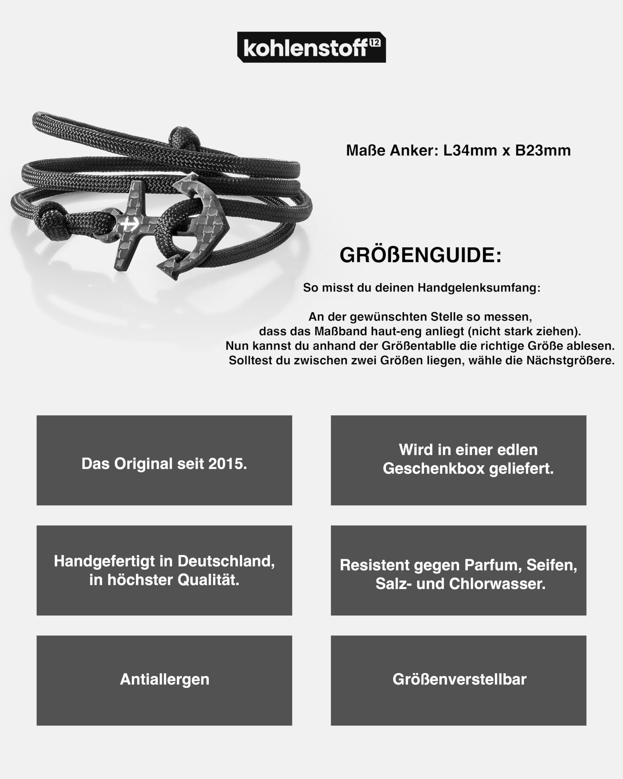 „Ancore“ Anker Armband Damen und Herren Cord Bracelet Schwarz Weiß Schmuck Anker Carbon Black White als edles Ankerarmband Accessoire