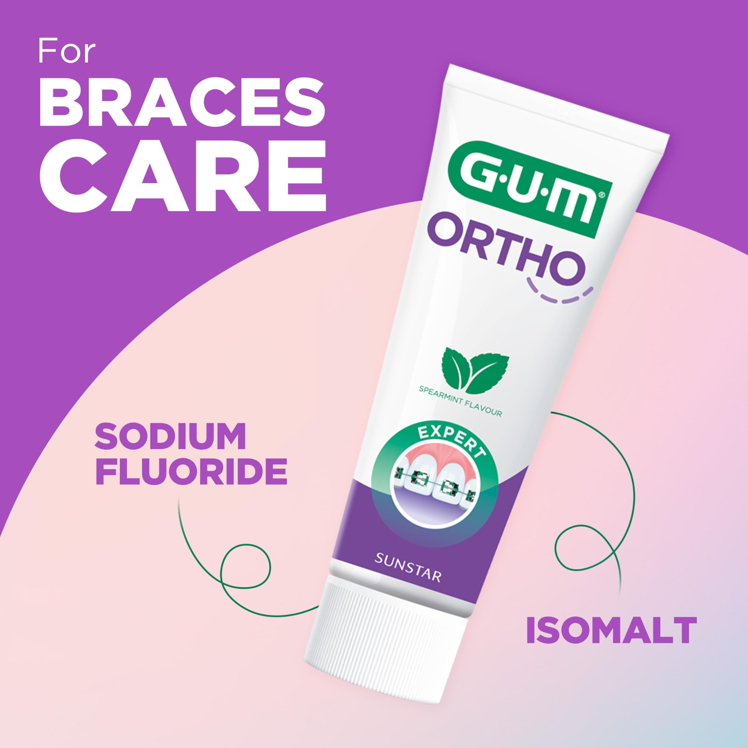 GUM Ortho żel do zębów, specjalnie dla osób noszących aparat ortodontyczny, redukuje powstawanie płytki nazębnej, wzmacnia szkliwo zębów, smak mięty pieprzowej, 6 x 75 ml
