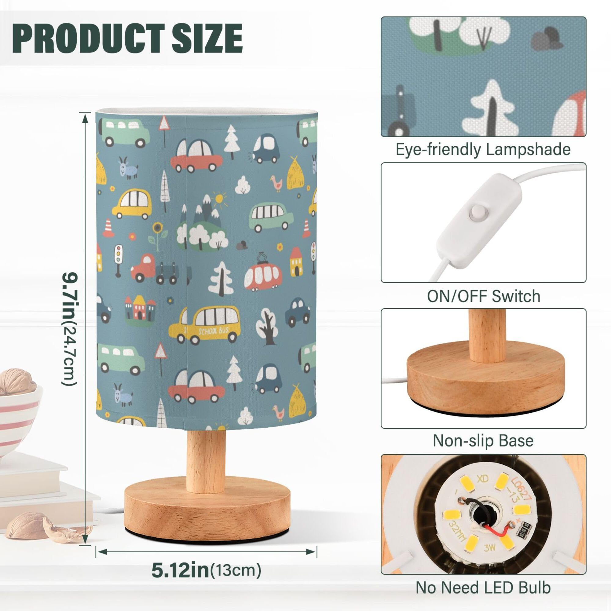 Lampada da tavolo con motivo carino, motivo cartoni animati, per comodino, con base in legno, paralume in tessuto, lampada da comodino per soggiorno, camera da letto, camera dei bambini, ufficio