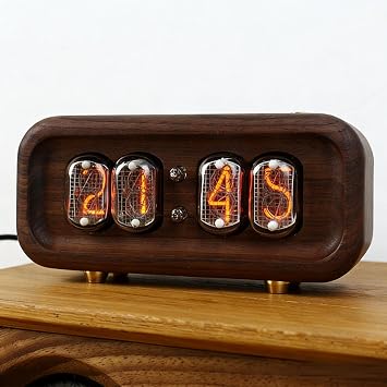 Nixie Tube Clock IN-12 Vintage Glow Tube Clock with Black Walnut Wood Base, 4-Tube Retro Digital Clock, DIY Style with Brass Buttons, 12/24H Mode, Timer On/Off, Unique Collector Gift for Desk