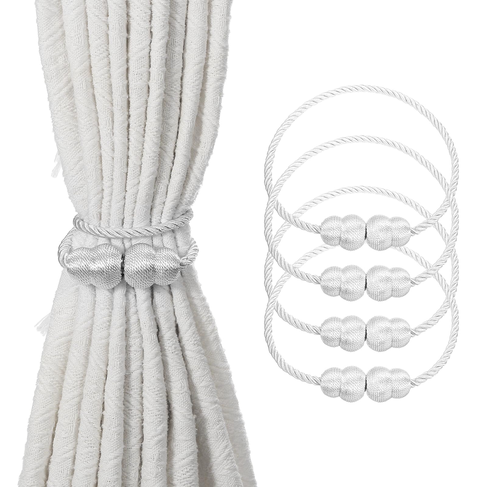 sourcing map 4Pcs Magnetic Curtain Tiebacks, Elegant Weave Curtain Tie Backs Decorative Window Treatment Holdbacks for Drape Home Bedroom Living Room Office Decoration, White