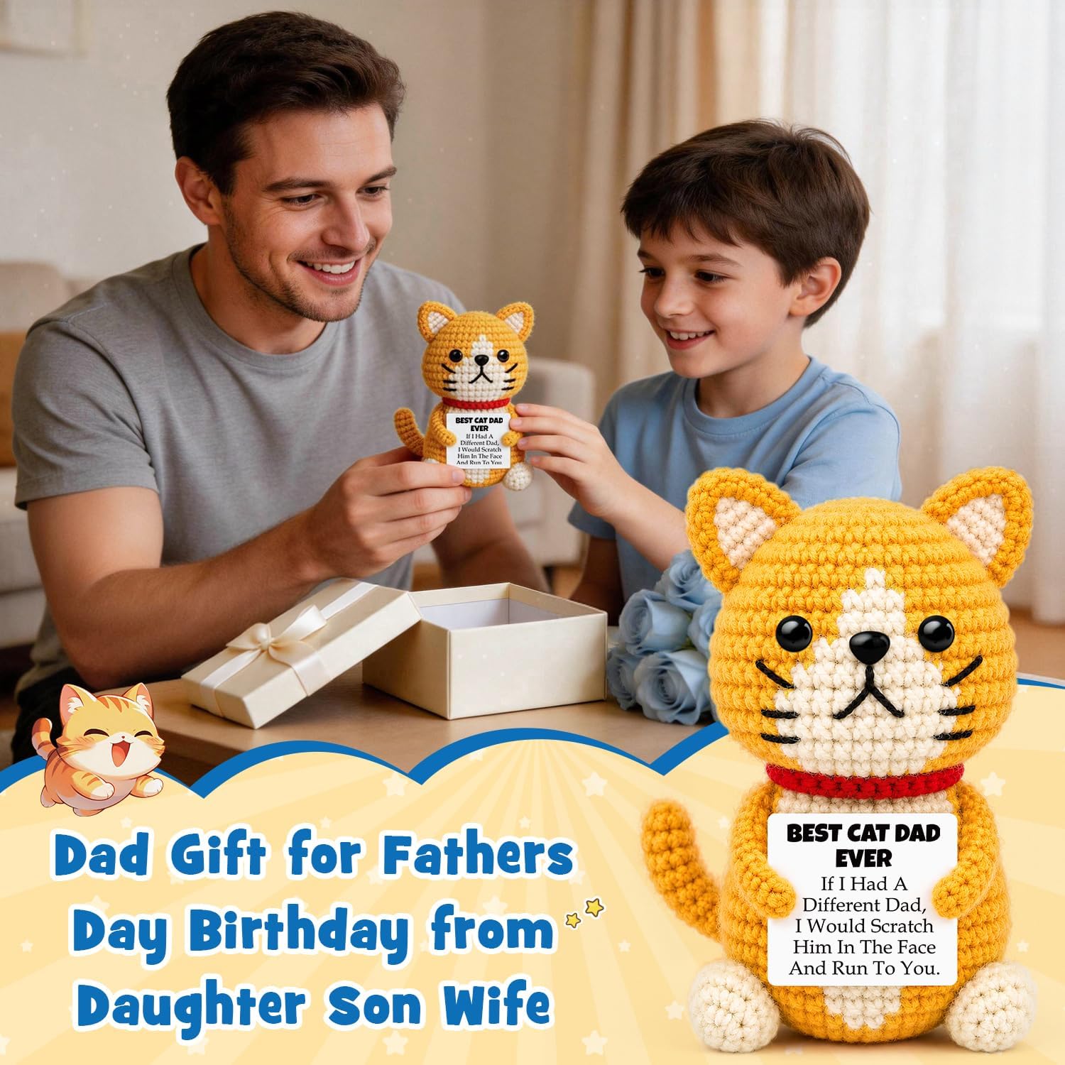 Dad Gifts from Daughter Son Wife,Handmade Crochet Cat Father's Day Dads Birthday Gifts,Inspirational Gift with Father Day Card for Step Dads Father in Law Husband,Best Dad Ever Gift for Birthday