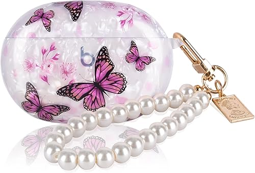 Diseño de carcasa de mármol con purpurina para Beats Studio Buds con cadena de muñeca de perla, llavero con cubierta protectora de piel brillante