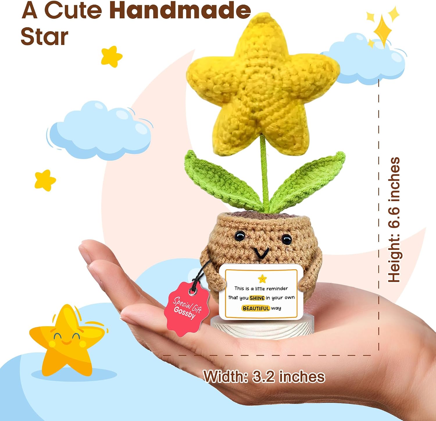 Gossby Positive Star Crochet - Inspirational Gift for Women- Emotional Support, Birthday, Encouragement, Thinking of You, Friend, Coworker, Boss - You Shine in Your Own Beautiful Way