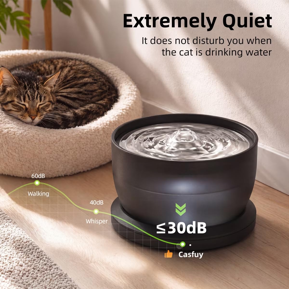 Casfuy W8LE - Fontana wireless per cani e gatti, con vassoio in acciaio inossidabile, 2,9 l, colore: nero