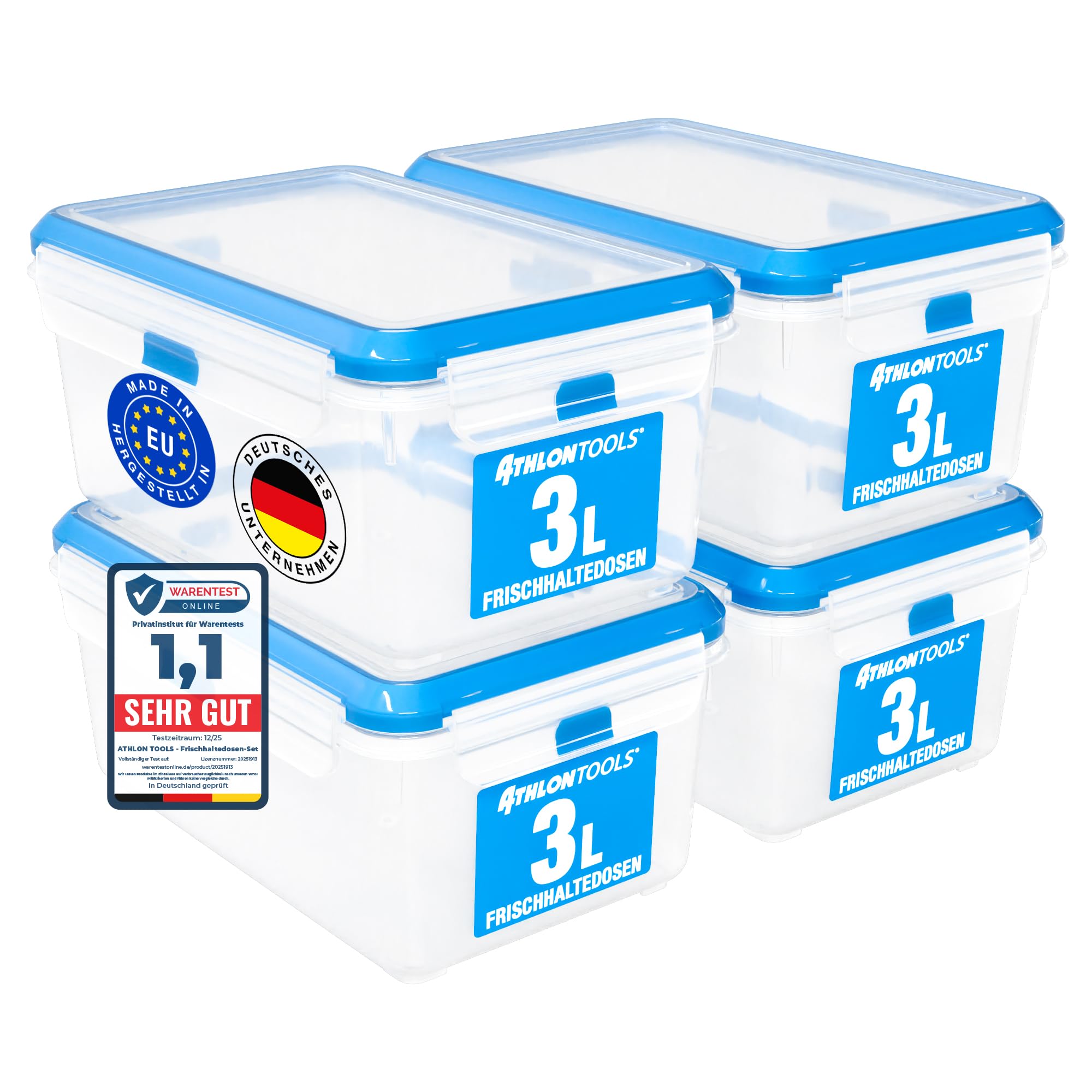 ATHLON TOOLS 4x 3L Frischhaltedosen-Set in Gastro-Qualität - 100% luftdicht und auslaufsicher -40 bis +100 Grad - für alle Lebensmittel - BPA-frei - Vorratsdosen für Kühlschrank (3 L | 4er Set)