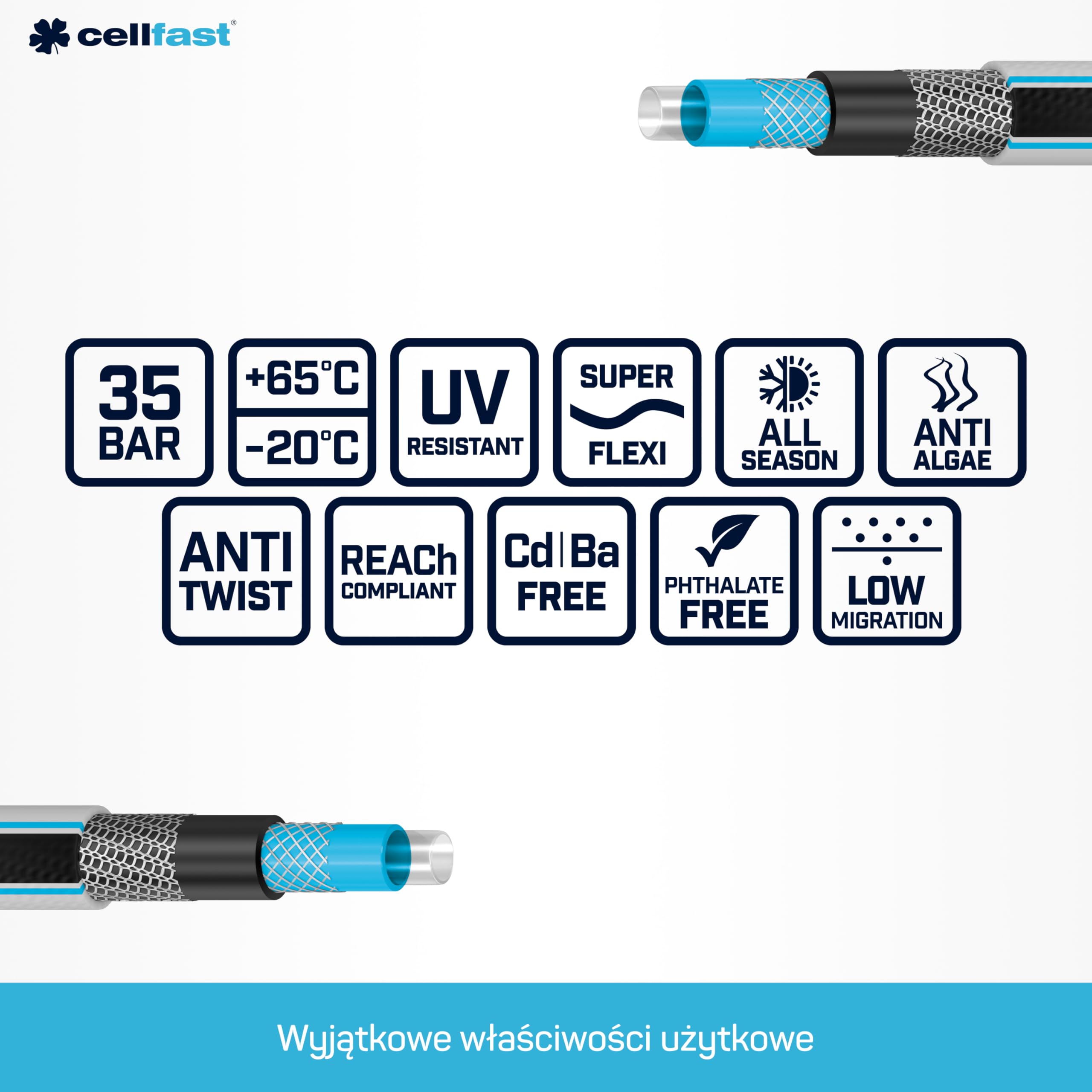 Cellfast Tuyau de jardin MULTIFLEX PRO, Robuste, 6 Couches, Tresse Tricot ATS2, Résistant aux UV et aux algues, Sans métaux lourds, technologie velvet, 35 Bar, -20/+65°С Temp. 3/4", 30m