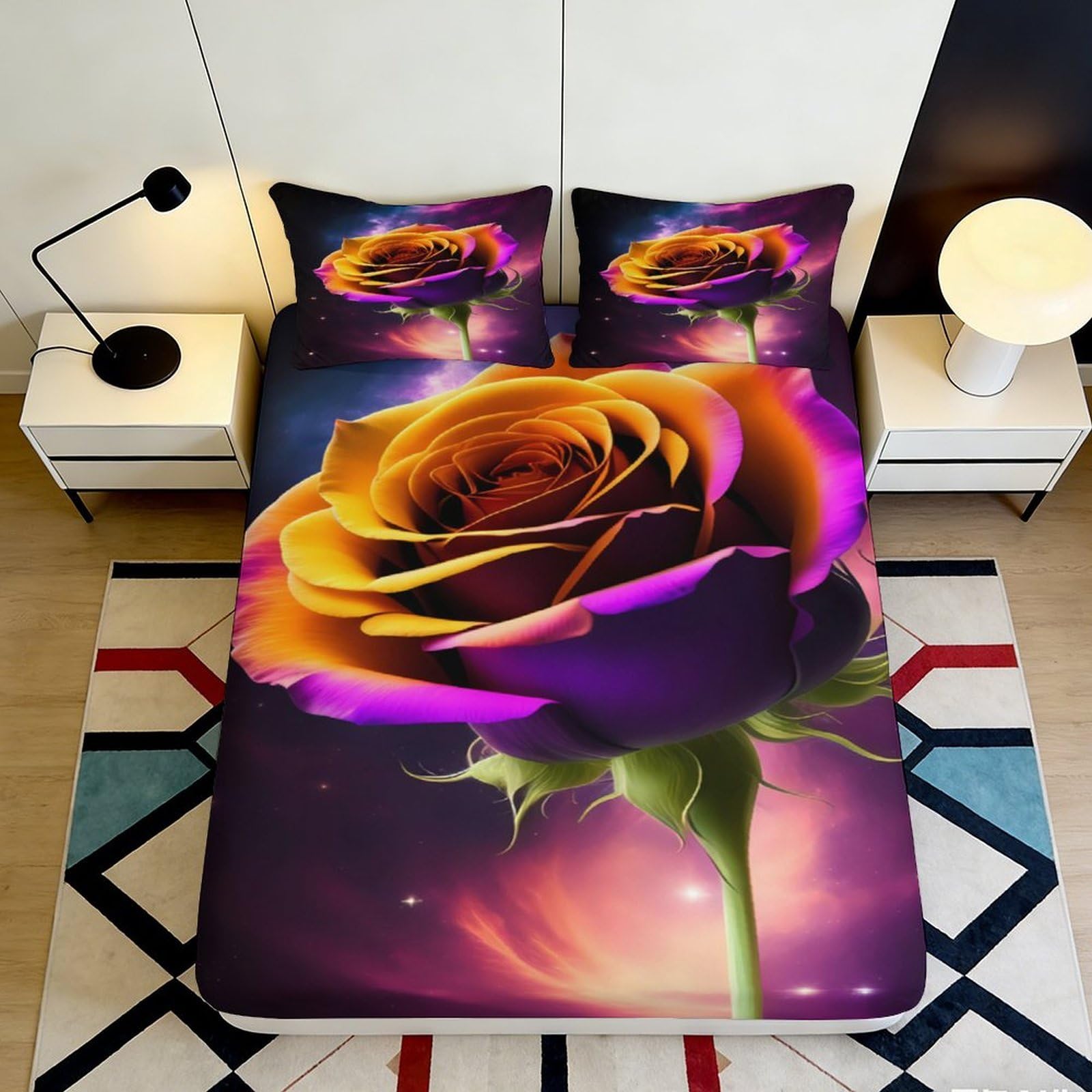 3D Printed Vibrant Rose Fitted Sheet Microfiber Soft Slip-Resistant Cosmic Bloom Mattress Cover for Bedroom Dorm Decor 90x200x25cm