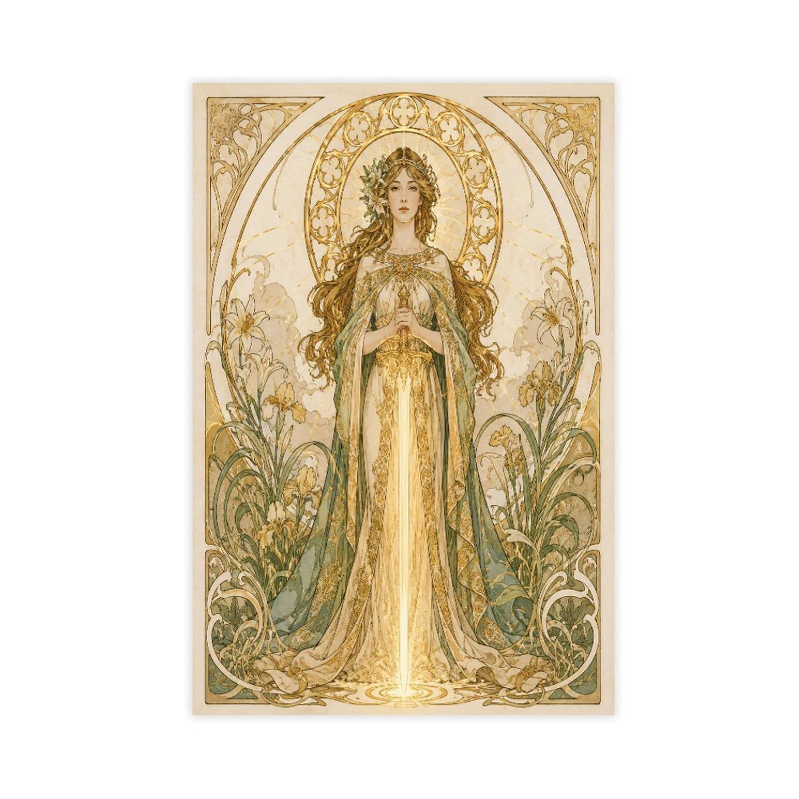 H3b8u2y5 Unframe-Style-17 Golden Goddess Glowing Sword Canvas Wall Art, Reading Corner