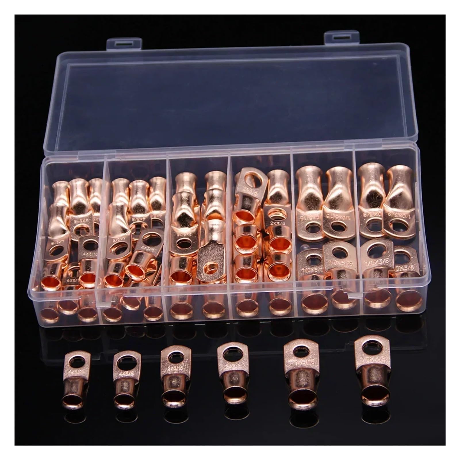 Kit surtido de 50 terminales de anillo for cables de cobre de 1/0 AWG, 2 AWG y 4 AWG, conectores de cable eléctrico de 3/8" y 5/16".