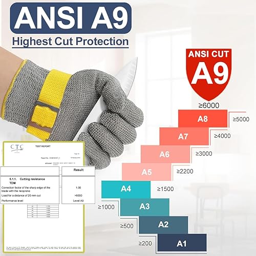 Miniatura 2 de Dowellife ANSI A9 - Guante resistente a los cortes de grado alimenticio, malla de acero inoxidable, guante de corte de cuchillo de metal para