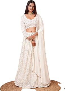 white chaniya choli for navratri stitched Indian women georgette lehenga choli dupatta 9550