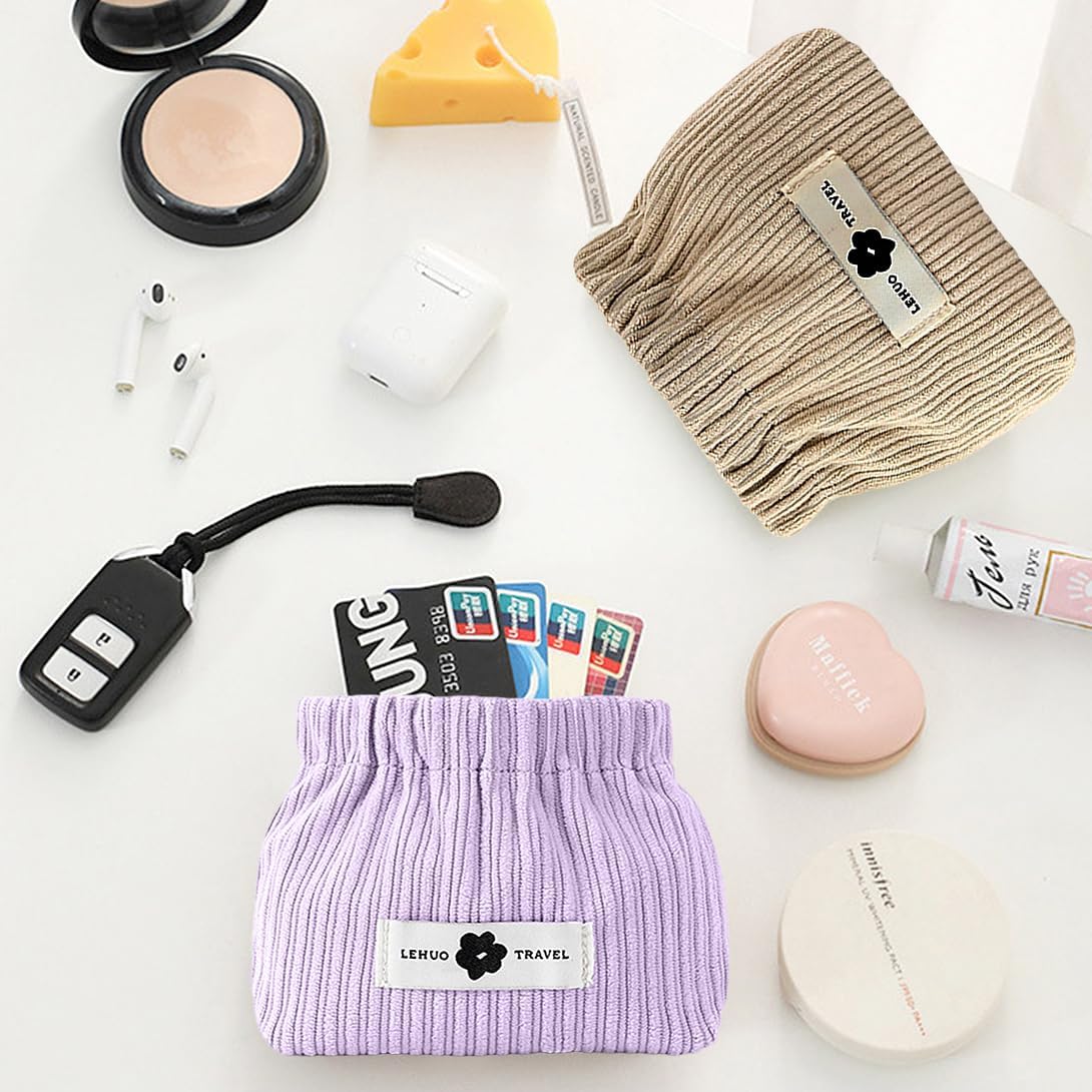 2pcs Corduroy Elastic Hair Tie Organizer Portable Travel Small Makeup Pouch Corduroy Lipstick Storage Bag for Hair Jewelry Lipstick Coin Purse for Women (Apricot+Purple) image 5