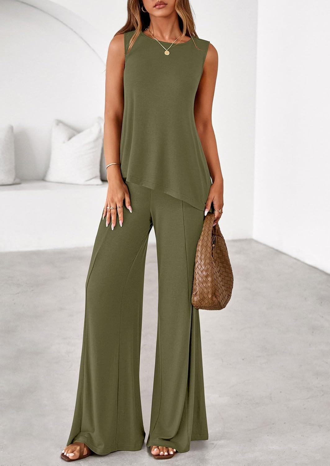 PRETTYGARDEN Women's 2026 Two Piece Matching Lounge Sets Asymmetrical Split Tank Tops Wide Leg Pants Summer Outfits Tracksuit - Image 7