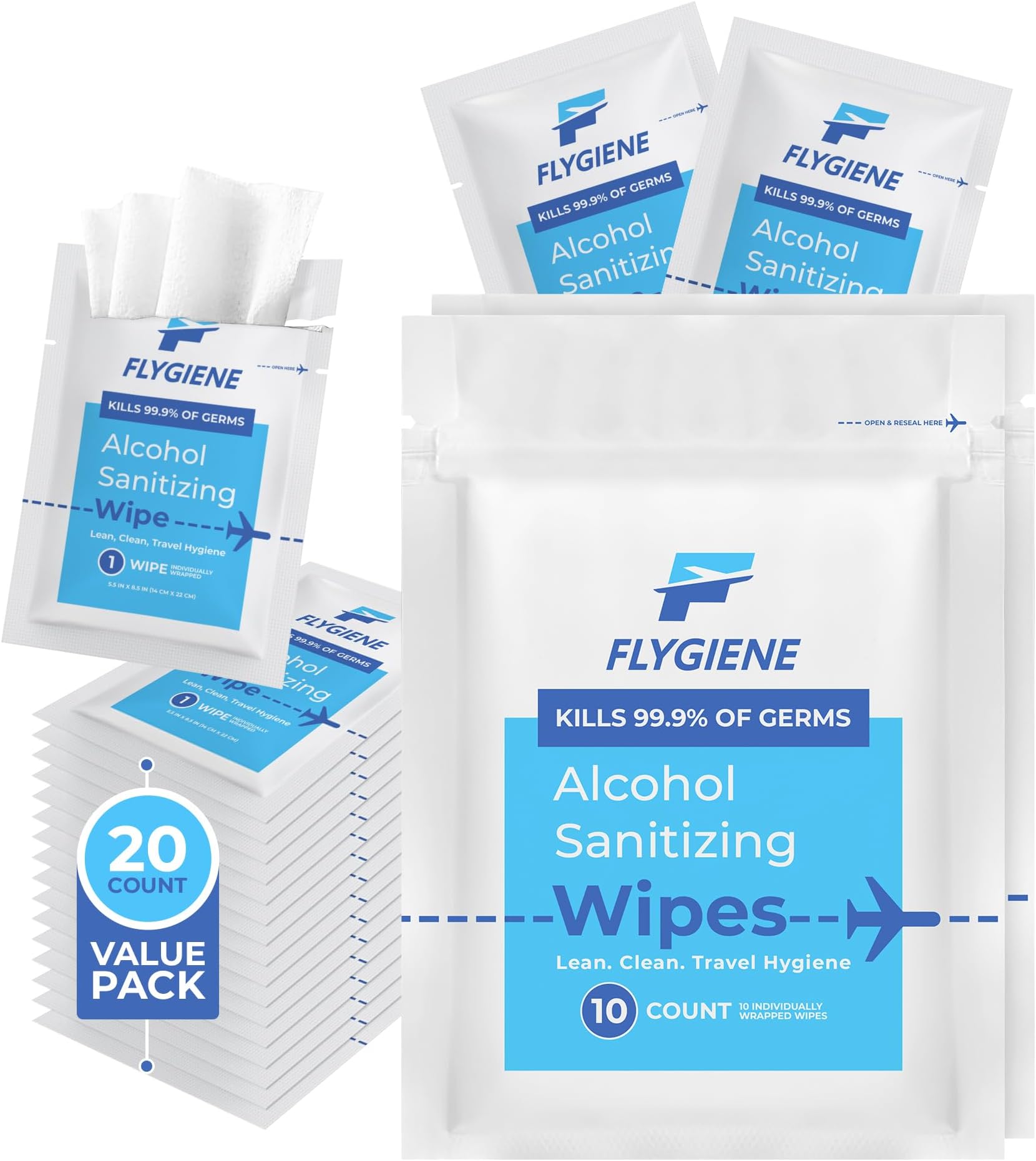 FLYGIENE 20 Count Sanitizing Wipes, 70 Alcohol, Individually Wrapped, Wet Wipes