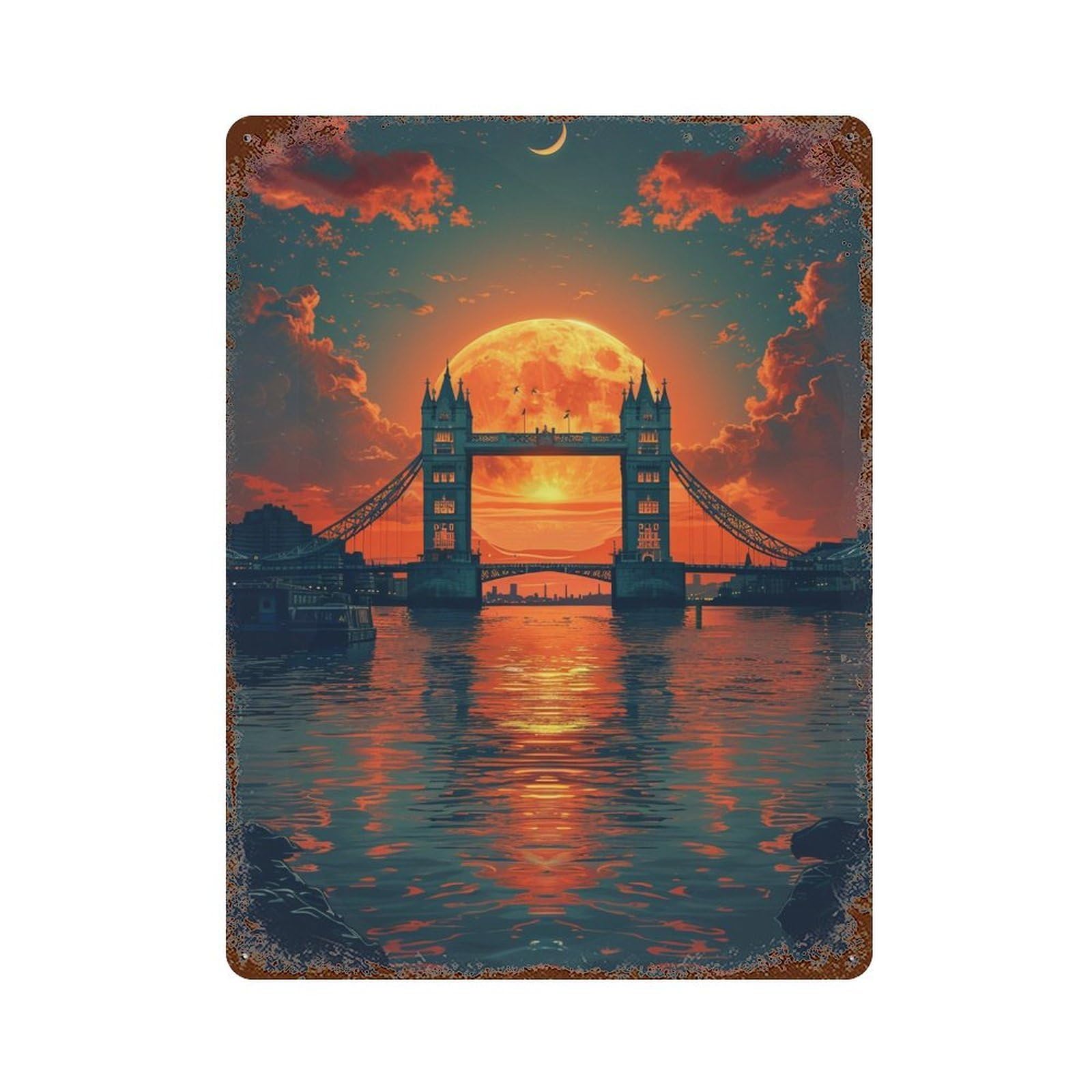 London Bridge Sunset Reflections Rustic Tin Plaque 15.7"x11.8", Classic Wall Plaque for Garage, Pub Or Kitchen