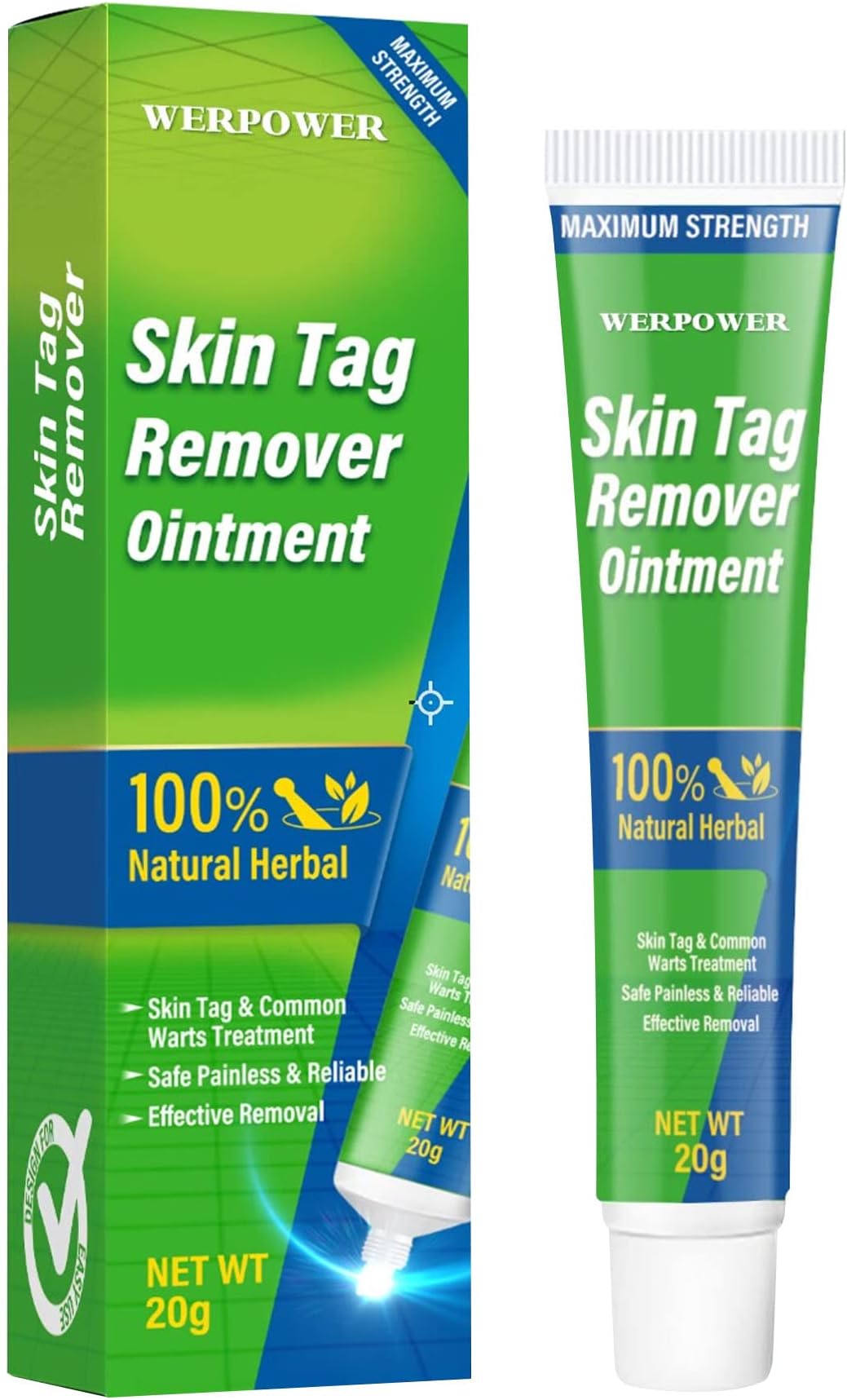 WERPOWER Skin-Tag-Removal-Highly-Effective & Extra Strength Wart-and-Mole-Remover and Corrector, Skin Tag Remover Cream, Suitable for Face and Body, 20g, Green