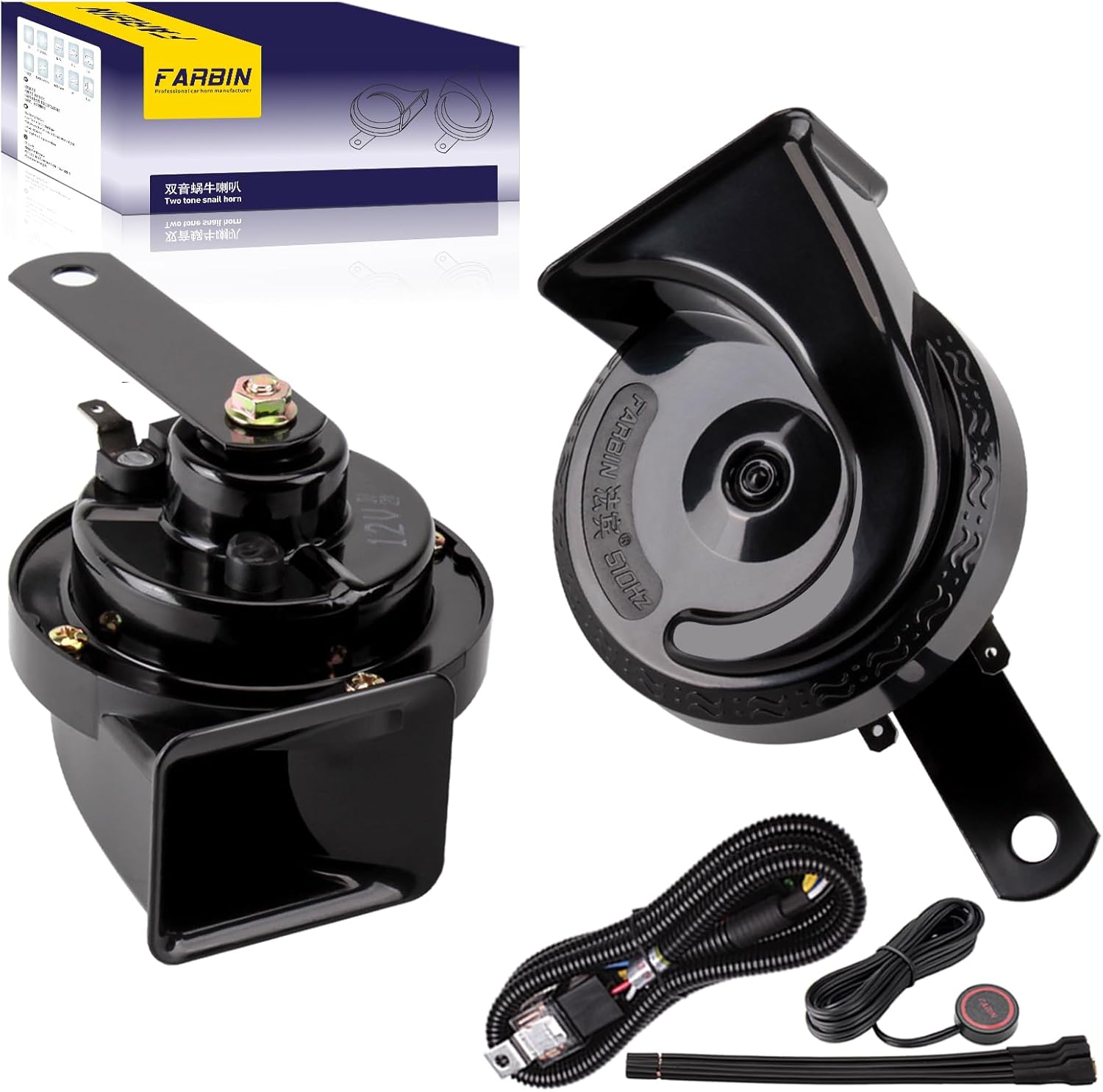 FARBIN Train Horn for Truck 12V Car Horns Loud Waterproof Electric Snail Horn kit with Wiring Harness Button, for Any 12V Vehicl