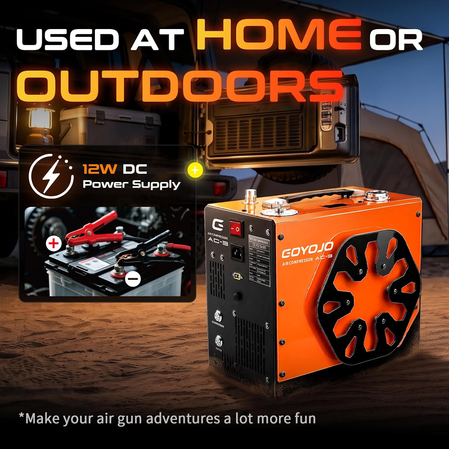 GOYOJO AC3 PCP Air Compressor, Max 5800 PSI / 40 MPa, 5 Hours Continous Work Water + Fan Cooling, Dual-Power 12V DC & 110V AC, Dual-Pointer Auto-Stop Air Pump for PCP Airguns or HPA Paintball Tanks