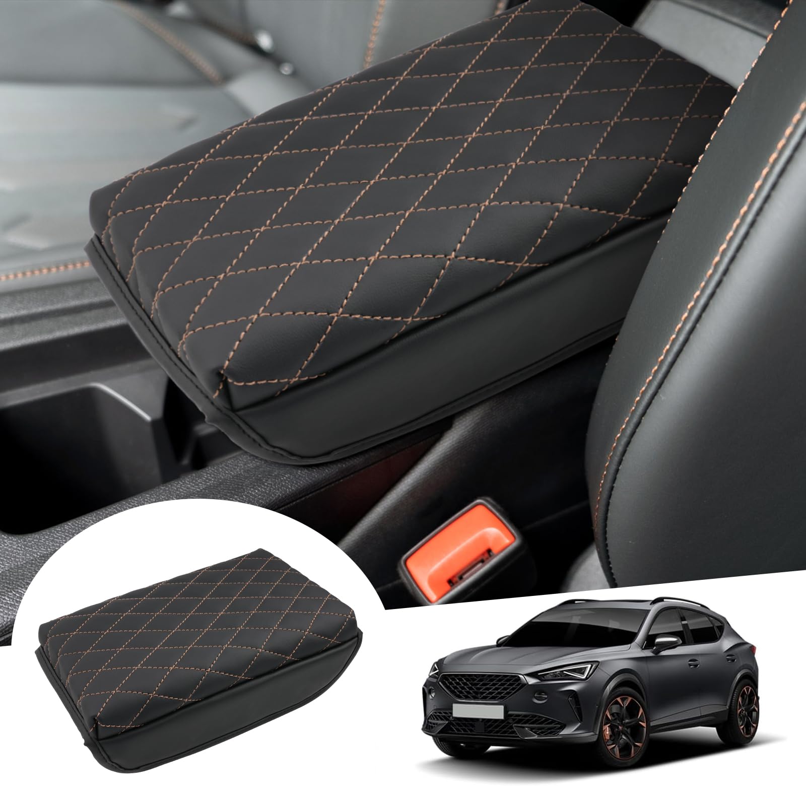 GAFAT pokrowiec na podłokietnik środkowy kompatybilny z Cupra Formentor/Seat Leon MK4 2020-2024 2025, osłona konsoli środkowej, tapicerka ze skóry z mikrofibry PU, podwyższony o 3 cm (mosiądz 1)