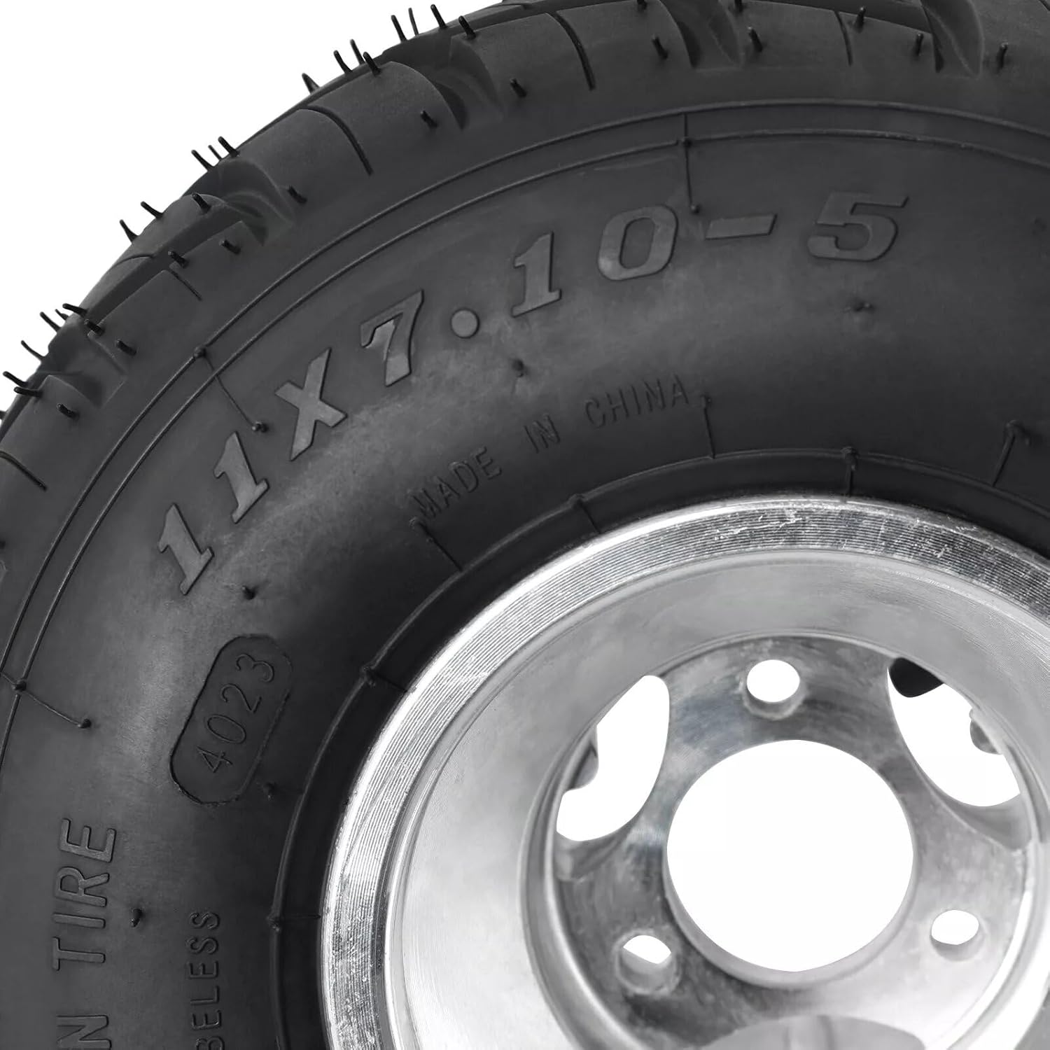Complete Go Kart Rain Tire Kit 10x4.50-5 Front & 11x7.10-5 Rear Tubeless Tires with Aluminum Rims, Non-Smooth Tread Racing Wheels for Drift Trike Mini Bike Quad 3 Stud 50mm Bolt Pattern Wet Track