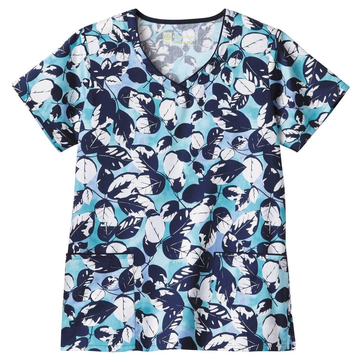 Bio Women's Contrast Trimmed V-Neck Leaf Print Scrub Top
