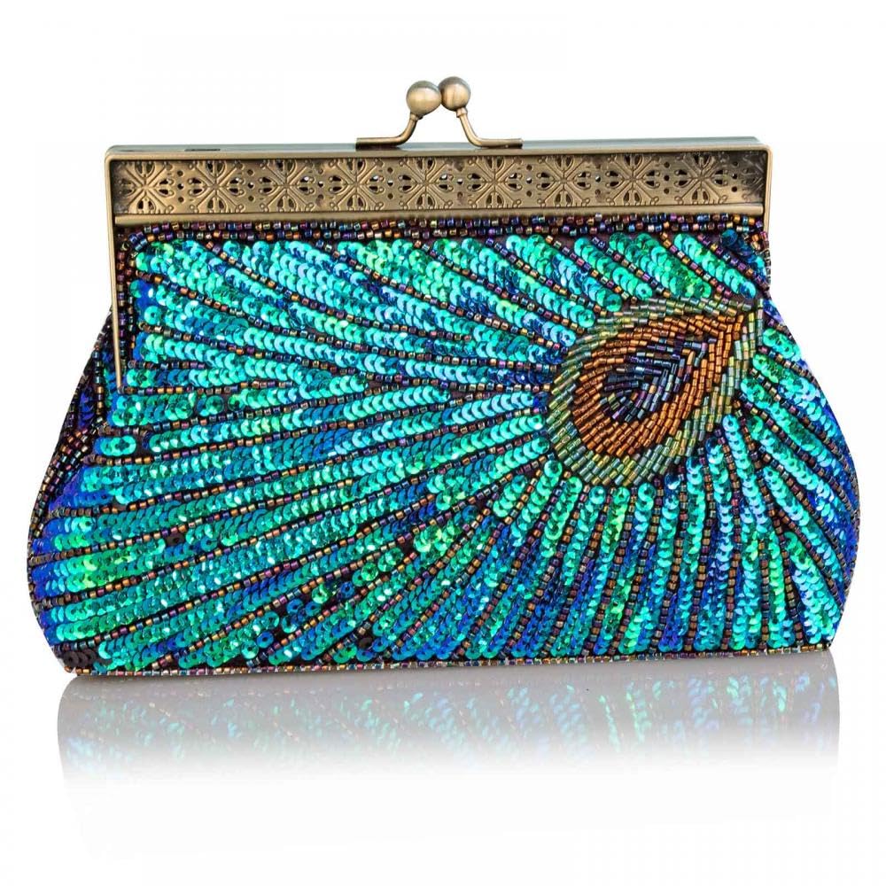 KALINNUWomens Sequin Beaded Evening Bag Vintage Peacock Clutch Bags Wedding Party Handbag Clutch Purse for Women